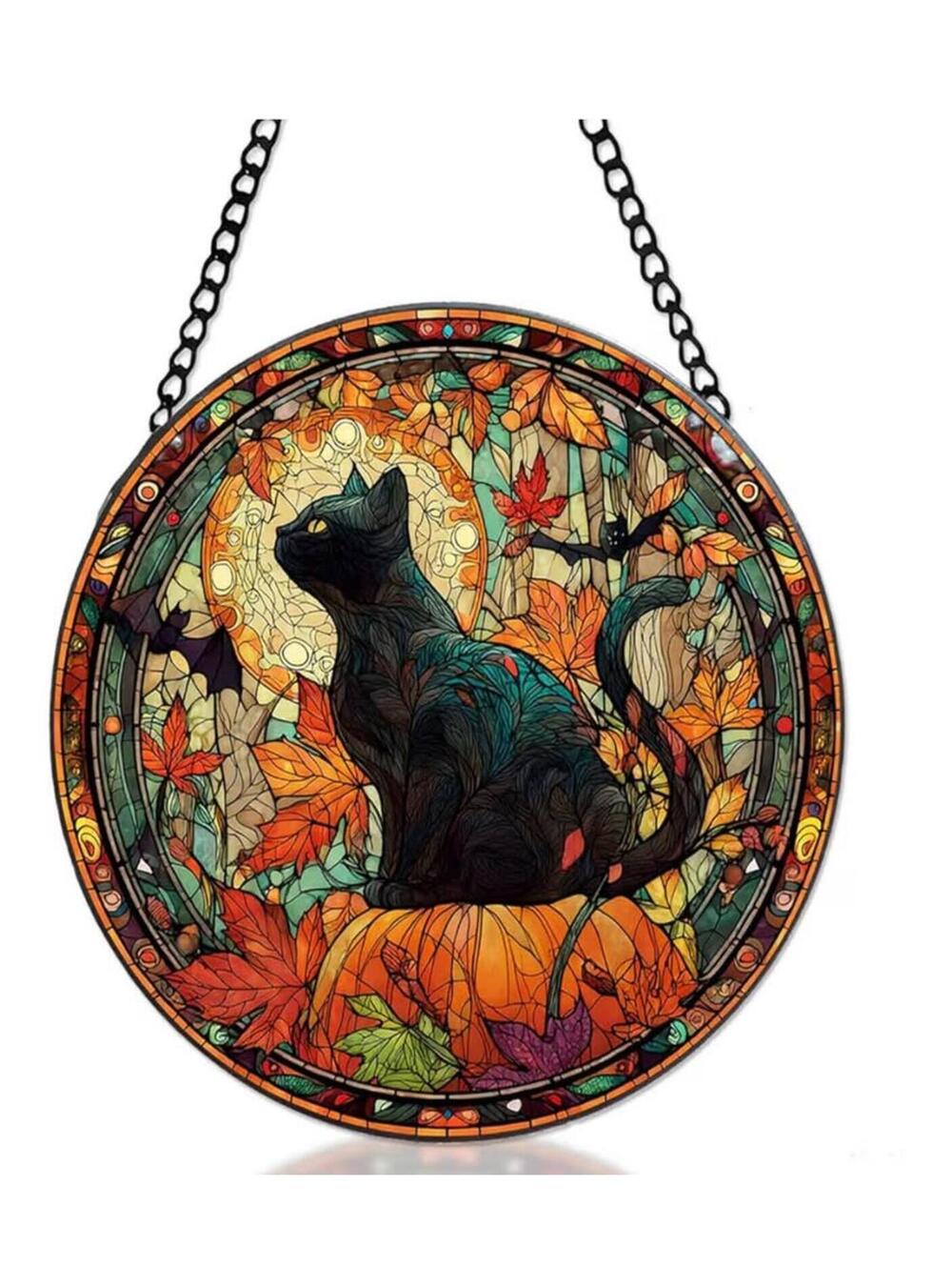 7.8" Hand-Painted Black Cat Stained Glass Suncatcher, New in Box